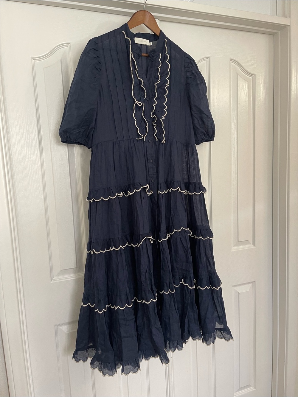 Zimmermann Navy Ruffle Tiered with white trim Midi Dress Contrast missing belt 4 - Picture 6 of 11
